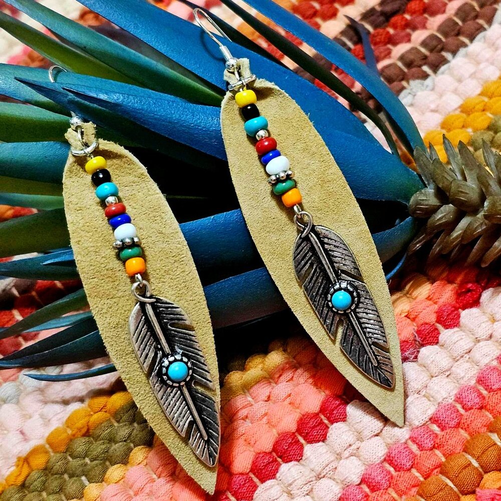 Artisan Earrings Southwestern Tan Suede Silver Feathers Colorful Beaded Pierced